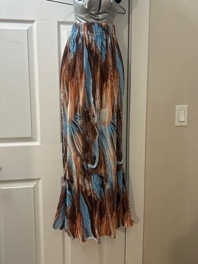 SHEIN Brown & Blue Abstract Pleated Maxi Skirt